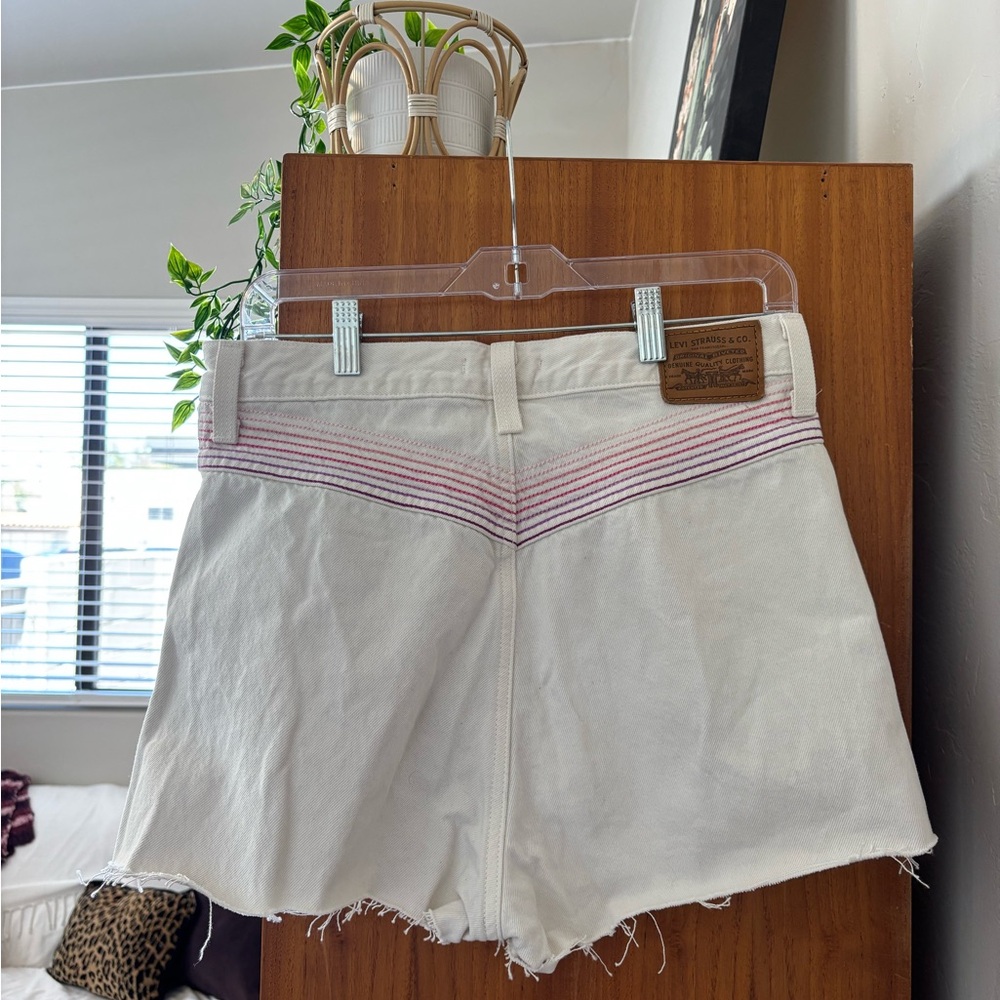 Levi's White and Pink Jean Shorts with Frayed Hem